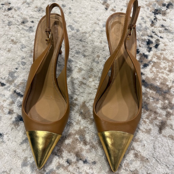 Tory Burch Shoes - Tory Burch Tan Slingback Pumps with Gold Cap Toe